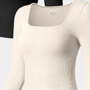 OQQ Med Womans Peice Crop Top Long Sleeve Square Neck Fitted Top, Beige Amazon